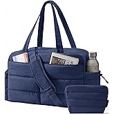BAGSMART Gym Bag for Women, Lightweight Puffer Duffle Bag 2-PC Travel Bag, 31L Weekender Overnight Bag Quilted Carry On Tote Bag, Diaper Hospital Dance bag for Travel, Gym, Water Resistant, Navy Blue