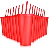 Hxezoc 16 Pieces Reusable Cups with Lids and Straws, 24 oz Glitter Plastic Tumbler Iced Coffee Cups Travel Mug Cup for Birthday Party, Smoothie Juices Beach Party, Bachelor Party (Red)