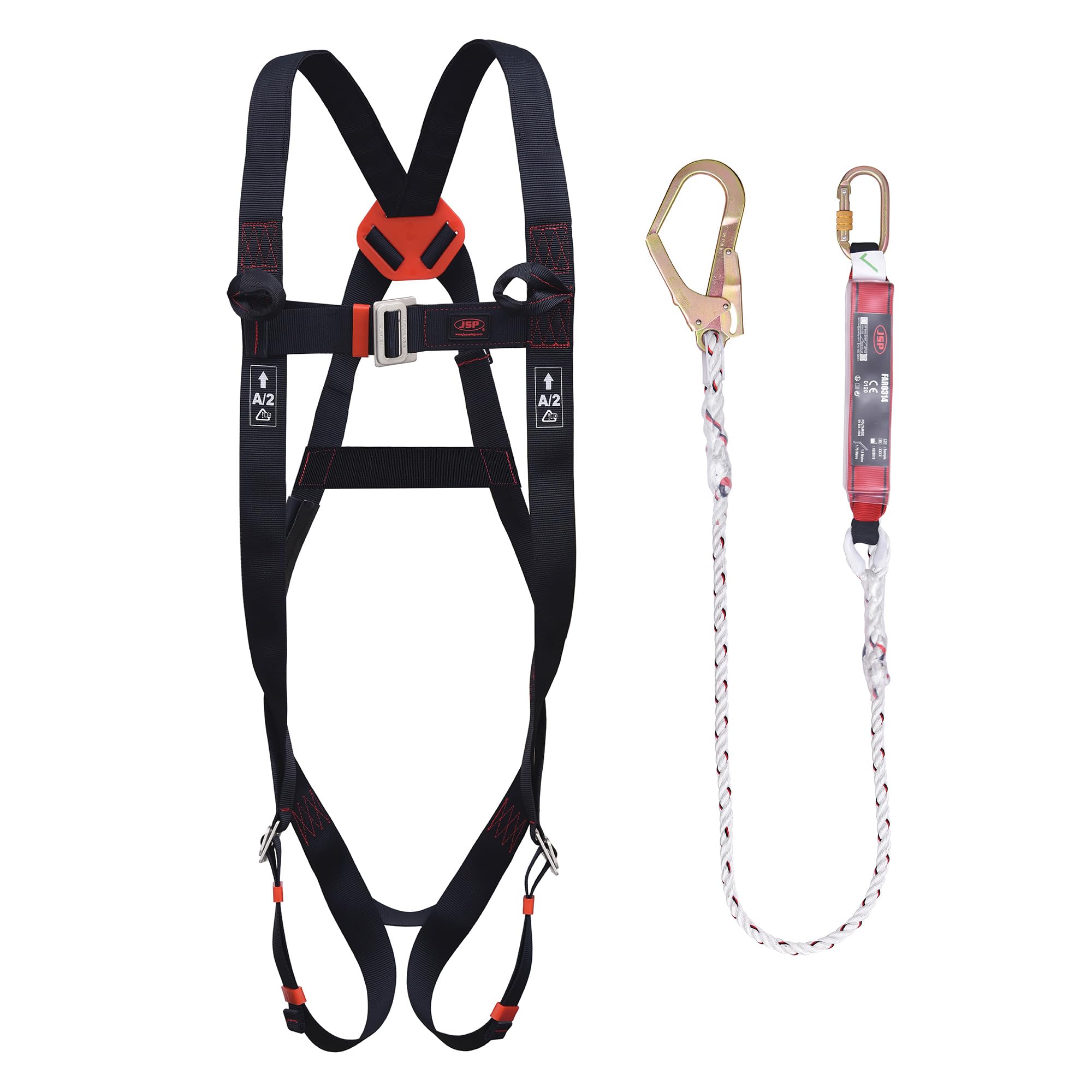 JSP SPARTAN Fall Arrest Kit - Black - One Size - Height Safety - Harness & Lanyard - Working at Height - EN 361 & EN 355
