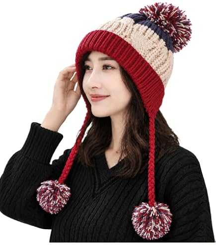 Christmas Red Knit Beanie Hat with Ear Flap Women Novelty Winter