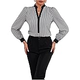 WDIRARA Women's V Neck Blouse Notched Long Sleeve Shirts Work Business Dressy Tops
