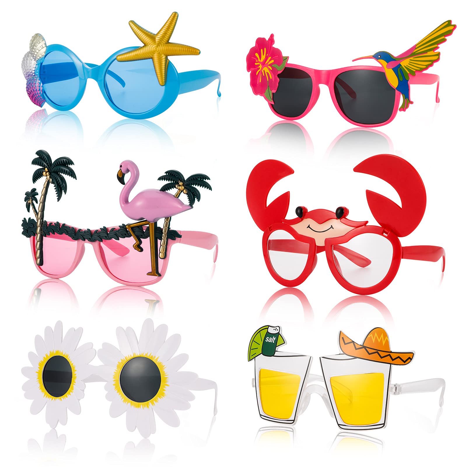ALTcompluser 6 Pairs Novelty Hawaiian Sunglasses with Different Shapes,Beach Tropical Party Glasses Funny Photo Prop Supplies for Children Adults