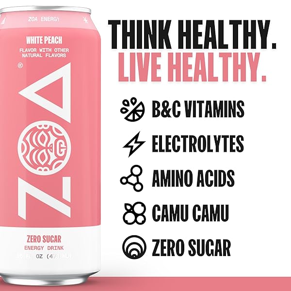 ZOA ZERO SUGAR ENERGY DRINKS, WHITE PEACH – SUGAR FREE WITH ELECTROLYTES, HEALTHY VITAMIN C, AMINO ACIDS, ESSENTIAL B-VITAMINS, AND CAFFEINE FROM GREEN TEA – 16 FL OZ (12-PACK)