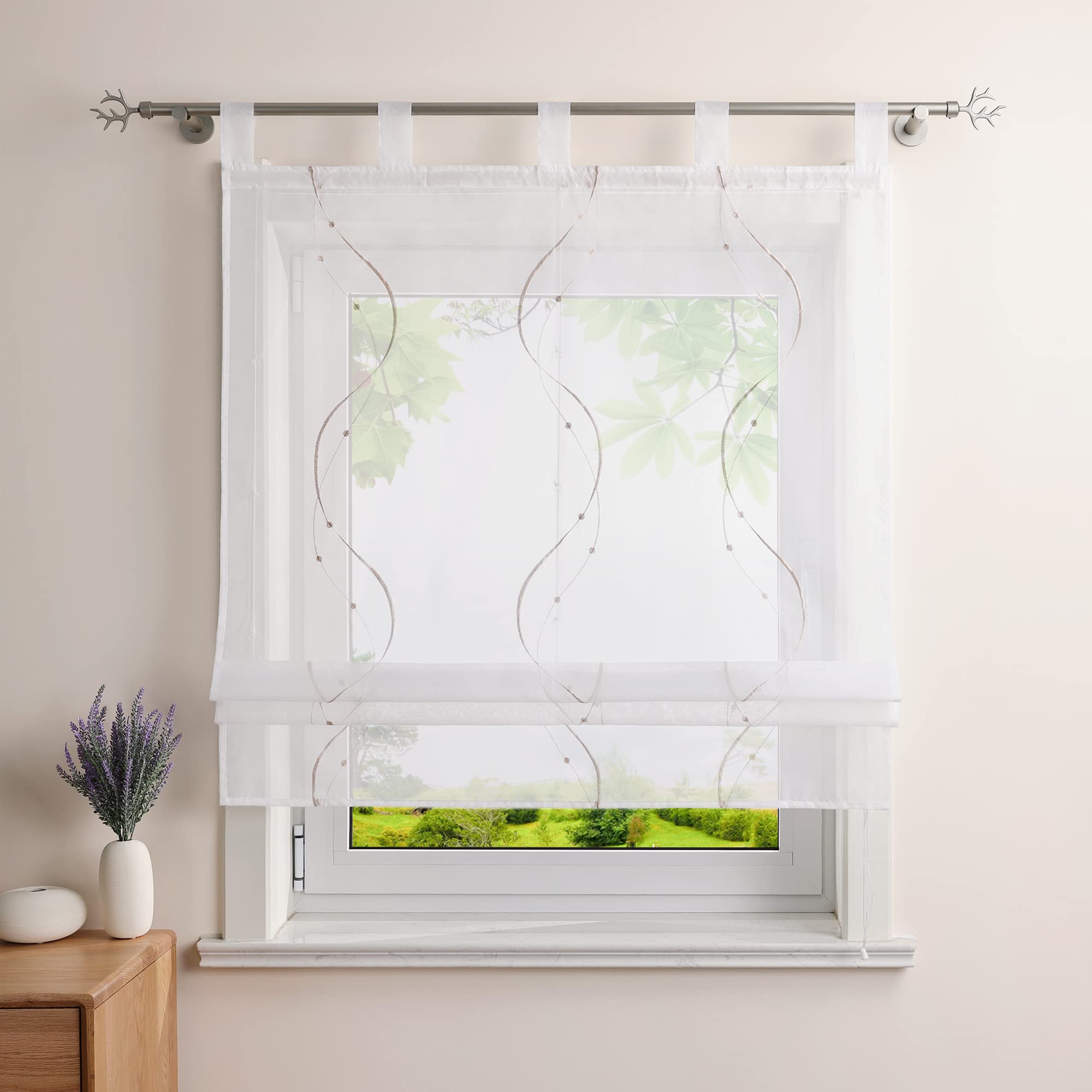 Heichkell Roman Blind with Loops, Voile Transparent Curtain, Embroidered, Modern Roman Curtain for Kitchen, Living Room, Bedroom, Sand, W x H 120 x 140 cm