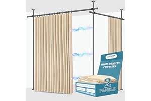 Jilron No-Drill Room Divider Curtains Set: Includes 106" W x 96" L Beige Curtain 2-Panel & Adjustable Pole Brackets (72-200" 