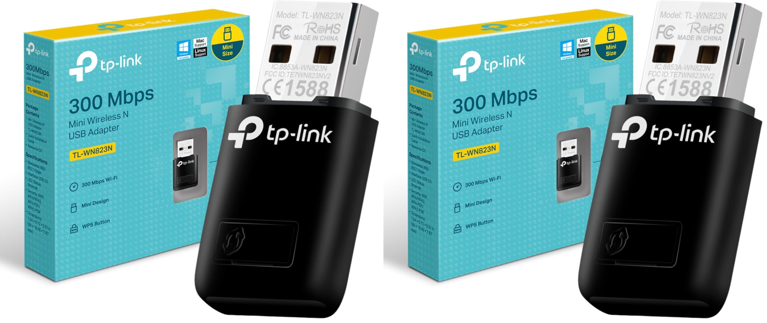 TP-Link 300Mbps Mini Wireless N USB WiFi Adapter, ideal for smooth HD video, voice streaming and online gaming,USB 2.0, Supports Windows 10/8.1/8/7/XP, Mac OS, Linux(TL-WN823N) (Pack of 2)