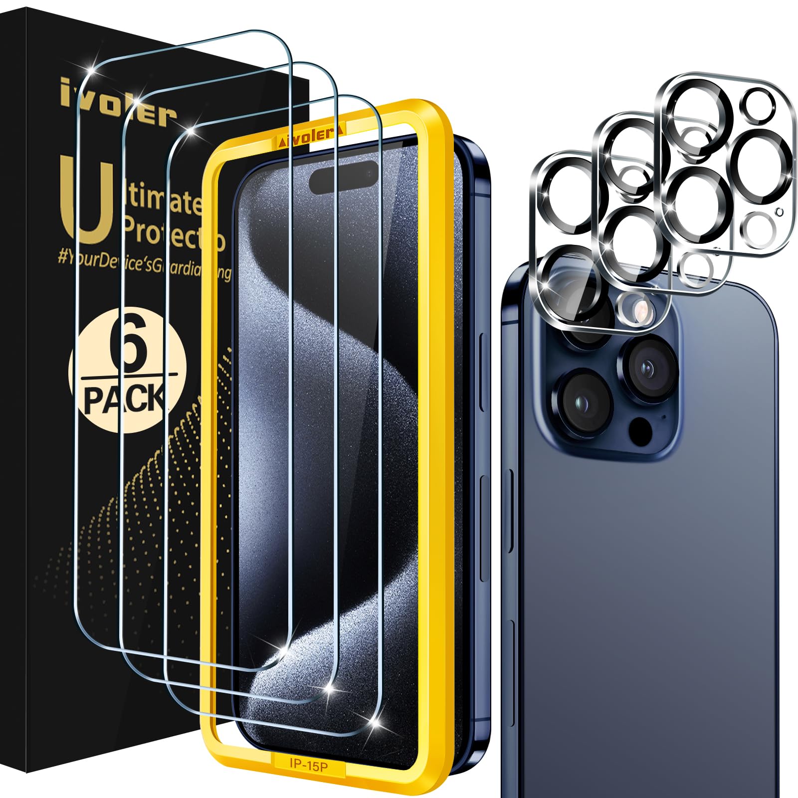 Photo 1 of ivoler 3 Pieces Tempered Glass Screen Protector for iPhone 15 Pro 6.1 Inch with 3 Pieces Rear Camera Protector, Easy Installation Tool, 9H Hardness, Anti-Scratch, Bubble-Free