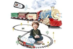 JQ JUQU JUQU Train Set for Boys -Remote Control Train Toys-Electric Train w/Smokes, Steam Locomotive w/Lights & Sound, Cargo Car and Tracks, Rechargeable Battery Christmas Toy Train for Age 3 4 5 6 7 8+ Kids