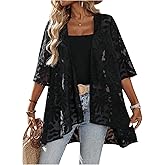 OYOANGLE Women's Lace Sheer Open Front Cardigan 3/4 Sleeve Lightweight See Through Jacket