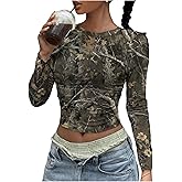 SOLY HUX Women's Y2k Camo T Shirt Crew Neck Long Sleeve Slim Fit Tee Going Out Crop Tops