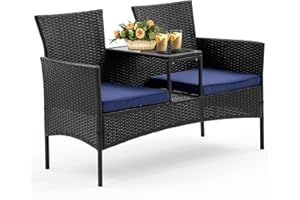 Unovivy Patio Loveseat, 2 Seat Outdoor Rattan Couch Set with Table, Removable Cushions & Waterproof Fabric, Porch Furniture for Backyard, Poolside, Dark Coffee+Blue
