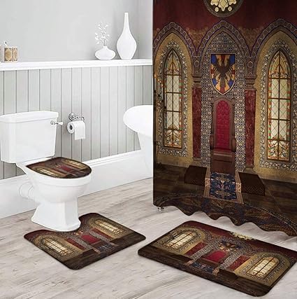 Amazon 中世の城の建物のシャワーカーテントイレシートカバーセットトイレアクセサリーマットバスルームの装飾バスカーテン180x180cm シャワーカーテン ホーム キッチン オンライン通販