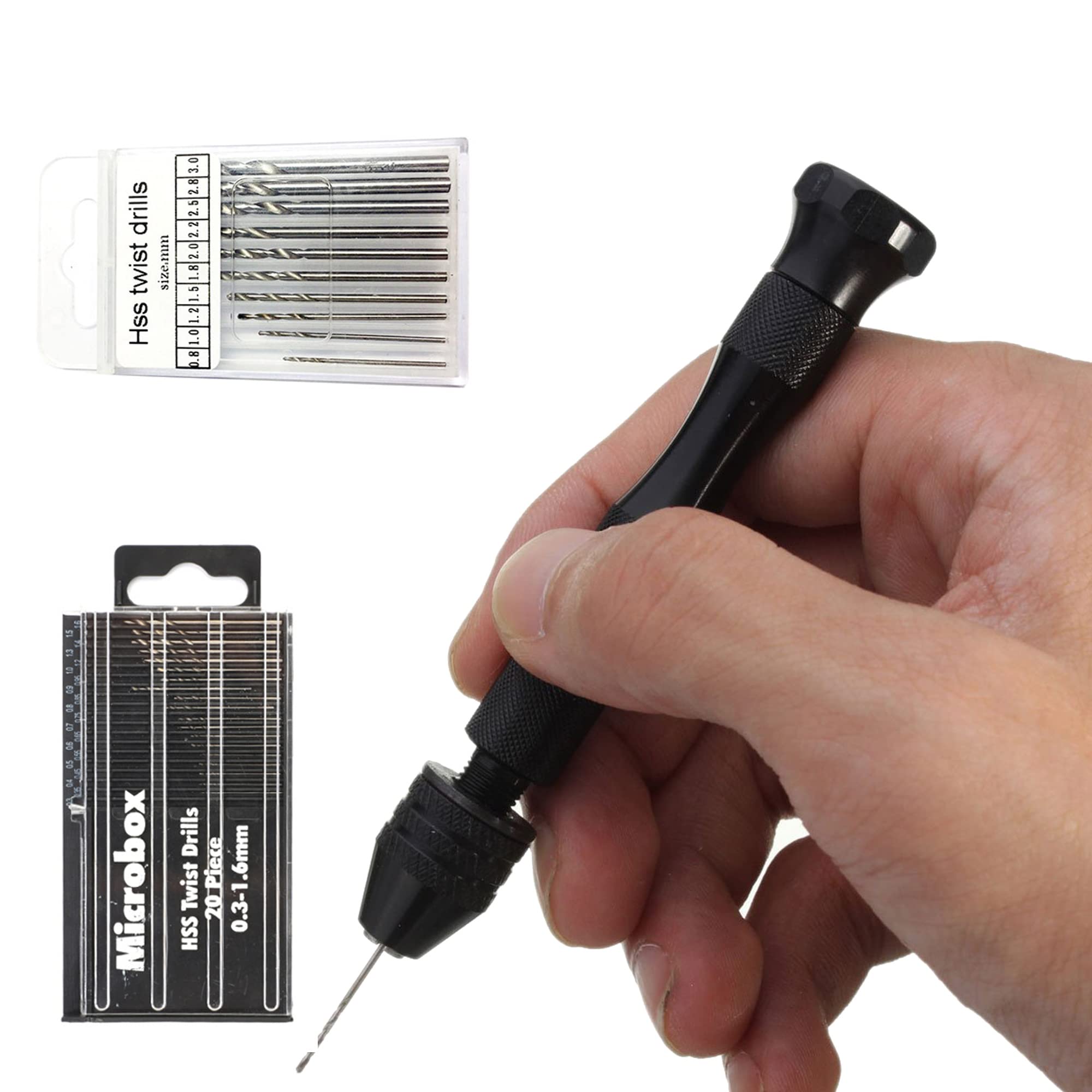 DXIA 31 Pieces Pin Vise Hand Drill Bits, Hobby Drill with Model Twist Hand Drill Bits Set, Precision Micro Mini Twist Drill Bit Set (0.3-3mm), for Manual Work, Electronic Assembling and Model Making