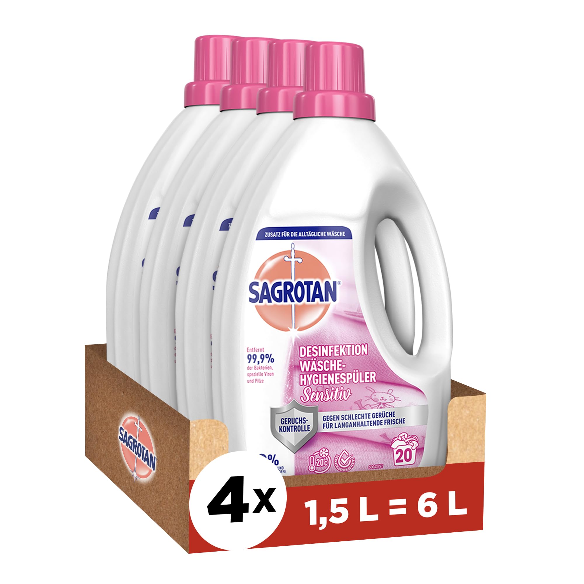 Sagrotan Wäsche-Hygienespüler Sensitiv 0% – Desinfektionsspüler für hygienisch saubere und frische, ohne Farb- und Duftstoffe – 4 x 1,5 l Reiniger im praktischen Vorteilspack