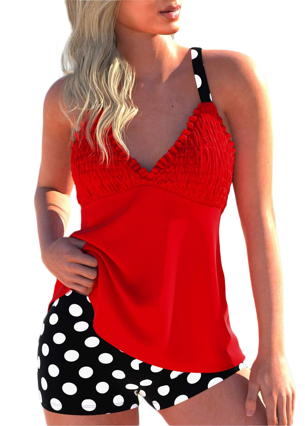 Photo 1 of ROSEWE Womens Tankini Bathing Suits, Two-Piece Smocked Swim Dress, Print Swimsuits with Board Shorts Red
