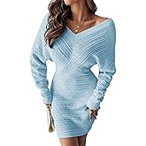 CHICME Women’s V-Neck Long Sleeve Hollow Out Knit Sweater Dress Elegant Chic Bodycon Mini Dress for Fall & Winter