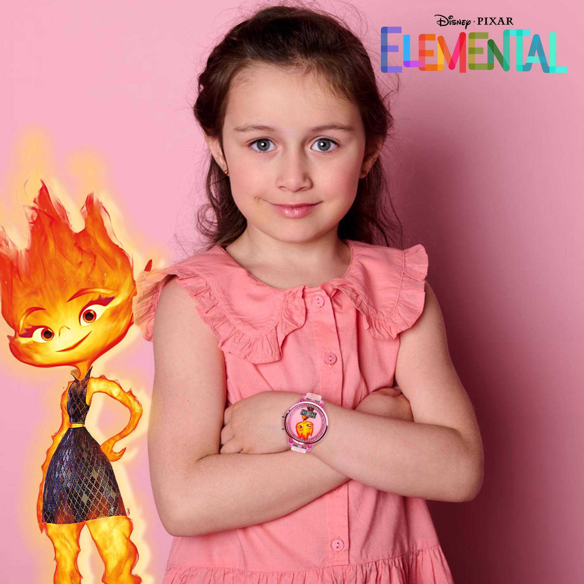 Accutime Disney Elemental Ember Lumen Kids’ Watch – Fiery Pink LCD Display with LED Lightshow Feature, Water-Resistant with Special Edition Gift Tin