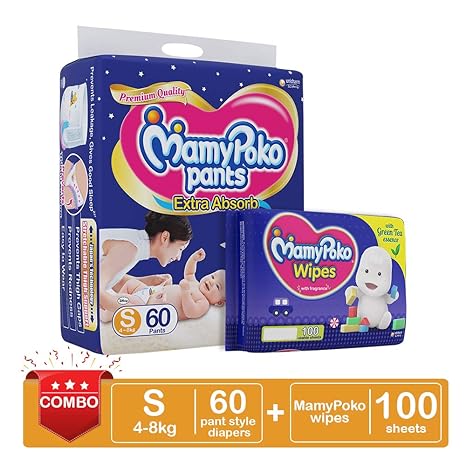 MamyPoko Combo Pack, Small Size Diapers (60 Count) and Wipes (100 sheets)