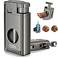 TISFA Torch Lighter with Cigar Cutter V Cut, Cigar Punch, Double Jet Flame Cigar Lighter Refillable Butane Lighter, Multifunctional Cigar Accessories, Windproof Cool Lighters for Smoking with Gift Box