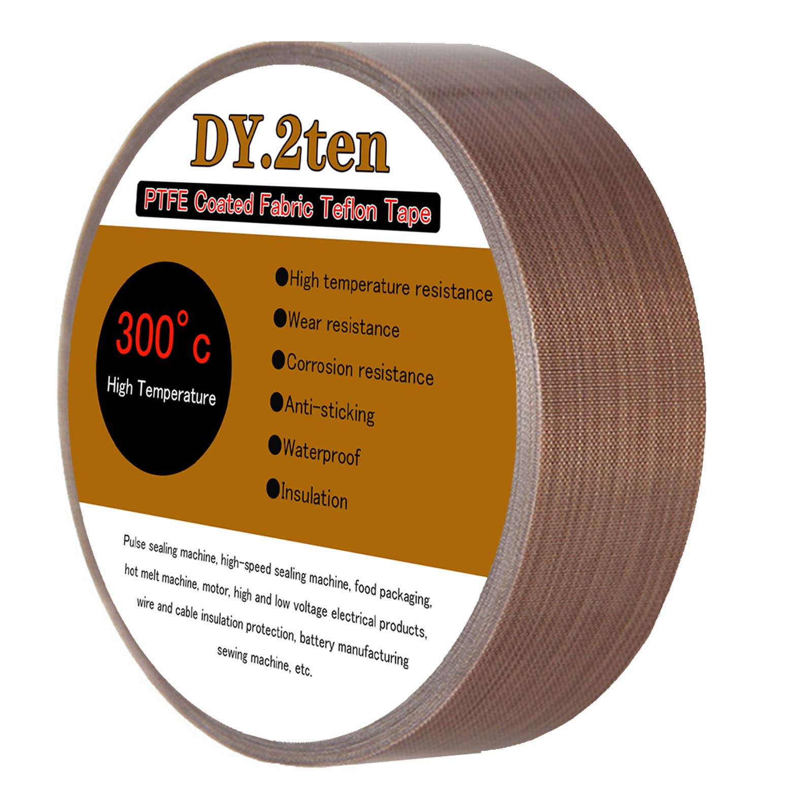 DY.2ten PTFE Coated Fiberglass Tape, 25mm x 10m, Brown, High Temperature Tape, Welding Sealing Tape, Drying Mechanical Conveyor Belt, Teflon Tape for Vacuum Sealer Machine