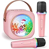 Mini Karaoke Machine with 2 Wireless Microphones,Gift for 3-12 Years Old, 2026 Best Christmas Birthday Toy for Girls Boys Party (Chrismas-Pink)