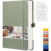 EMSHOI Dotted Notebook - 256 Pages A5 Dotted Grid Journal Notebook,120gsm Thick Paper,16 Perforated Pages, Smooth PU Leather, Inner Pocket,5.75'' × 8.38''-Green