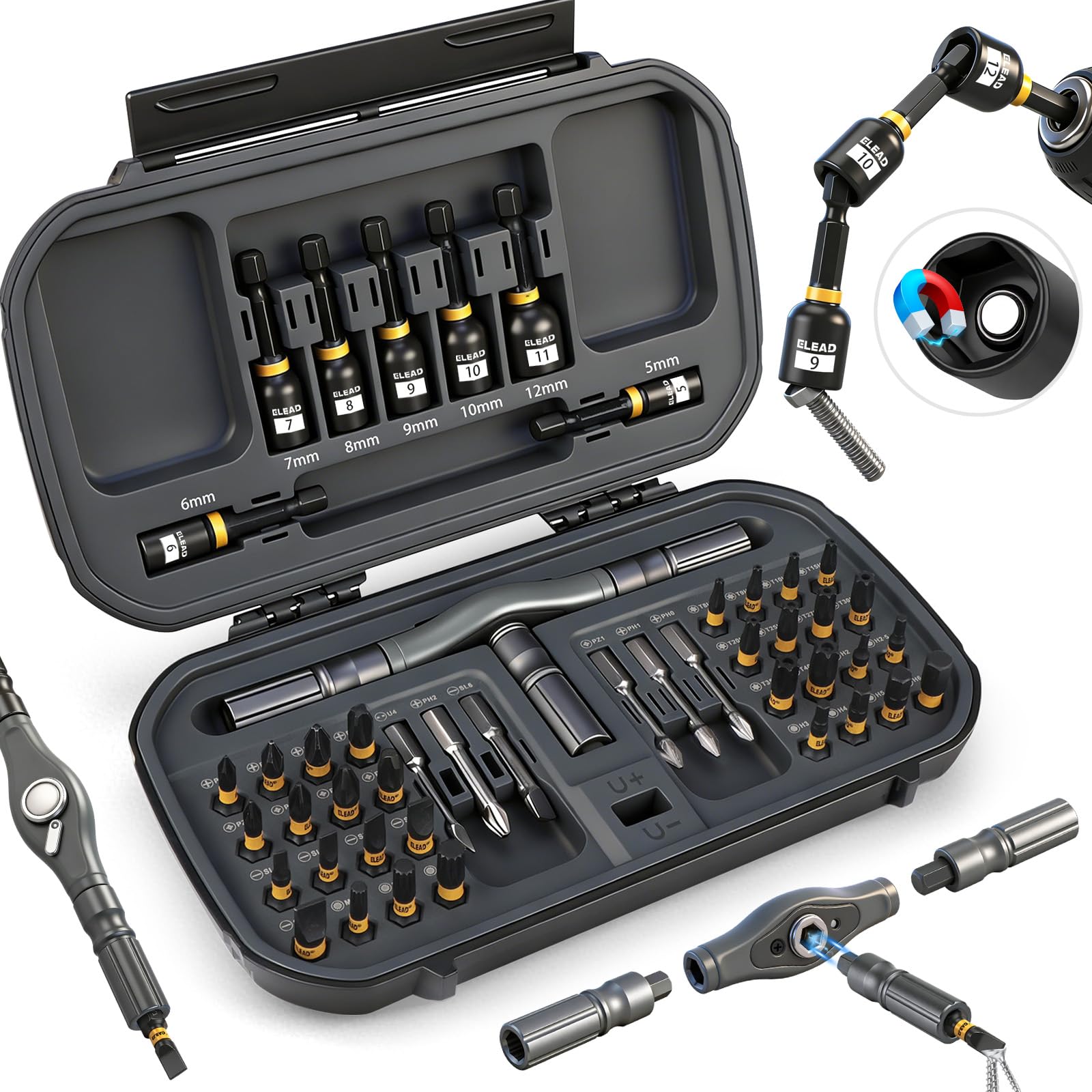 46 in 1 Magnetic Ratchet Screwdriver Set, Multi-Bit Screwdriver Kit, Nut Driver Set, Detachable Ratchet Handle with Storage Case, Repair Tool Kit for Furniture, Computer, Bicycle Image