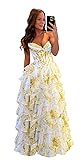 Tulle Floral Print Prom Dress Long Ball Gown Tiered