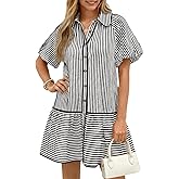 Wenrine Womens Summer Button Down Shirt Dress Casual Striped Puff Short Sleeve Collared Loose Mini Dresses with Pockets