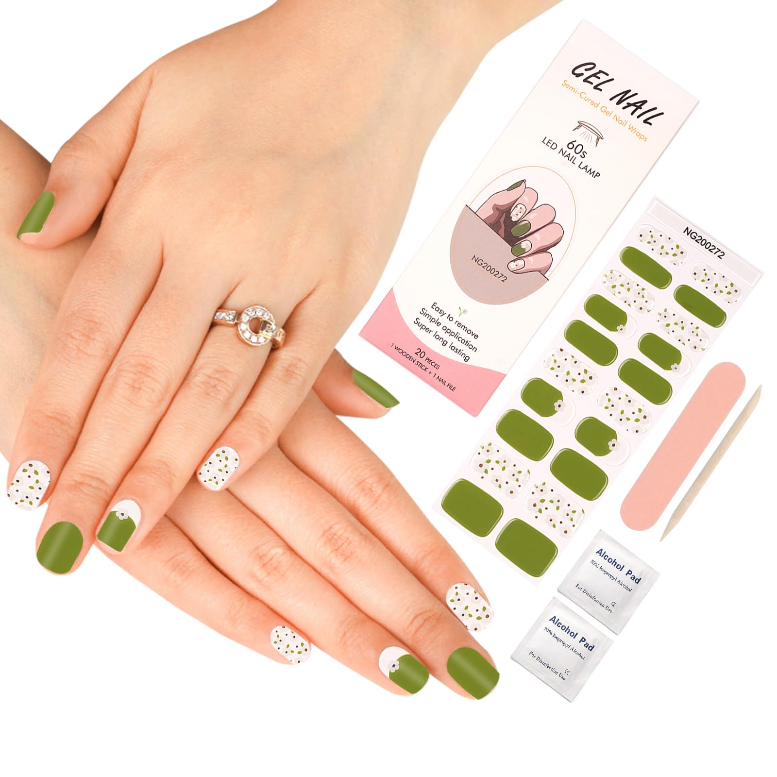 ZAHRVIA Gel Nail Stickers, Semi Cured Nail Wraps, 20 Pcs Nail Polish Strips for Salon, Professional Manicure Set - Spring Green (UV/LED Lamp Required) — image 1