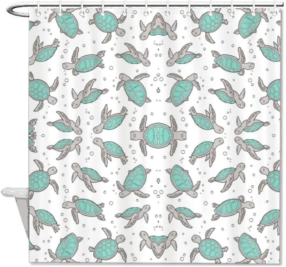 NiYoung Sea Turtles Nautical Ocean Mint Green Shower Curtains with 12 Hooks Rustproof Grommets - 70x70 inch for Bathroom Showers and Bathtubs - Waterproof Hotel Curtain Liner