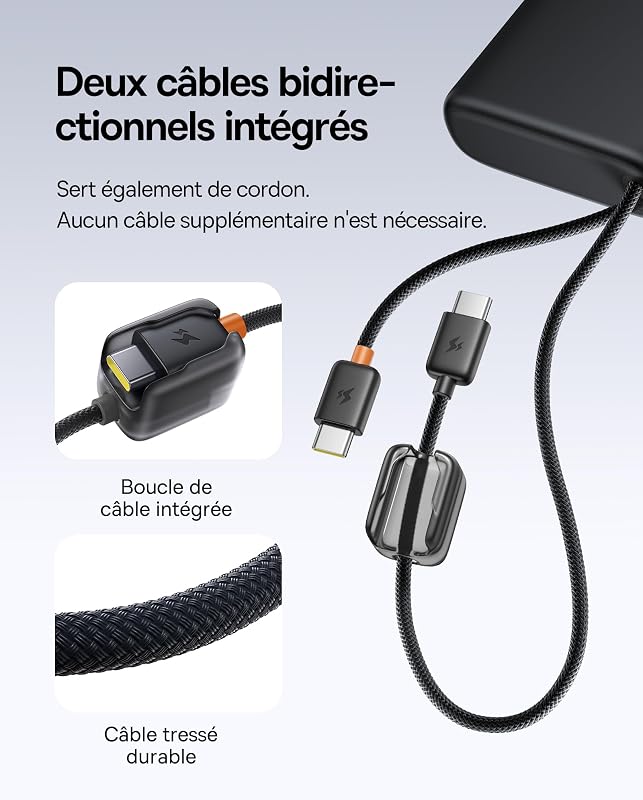 FC41 Batterie Externe 145 W 25000 mAh pour Ordinateur Portable, Charge Rapide avec 2 câbles USB-C intégrés, Batteries externes pour MacBook Pro, iPhone 17/16/15, Dell, HP, SteamDeck, Samsung