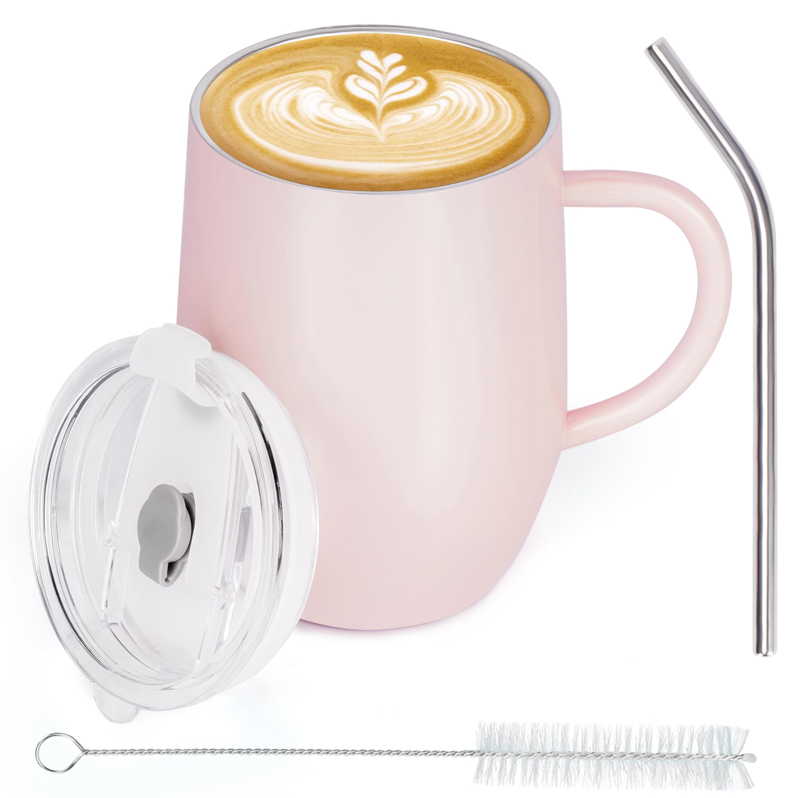 BELLE VOUS Stainless Steel Insulated Travel Mug with Handle - 350ml/12oz - Double-Wall Reusable Thermal Cup with Lid & Straw - Vacuum Leakproof Tumbler for Hot & Cold Drinks Including Coffee/Tea