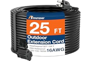 BBOUNDER 25 FT Outdoor Extension Cord Waterproof, Black 16/3 SJTW Heavy Duty 13A 1625W, Flexible 100% Copper 3 Prong Extension Cord for Lawn, Garage