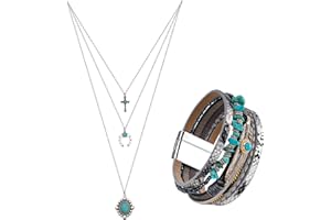 Yowivon Western Jewelry for Women, Bohemian Turquoise Necklace, Vintage Earrings and Bracelet,Drop Dangle Earrings Summer Jewelry Layered Necklaces Layered Bracelets