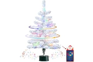 IPOROVON 2FT Musical Rotating Snow Flocked Prelit Small Christmas Tree, White Tabletop Christmas Tree with 50 LED Lights, Battery or USB Cable Operated, Timer, Xmas Tree for Holiday Decoration