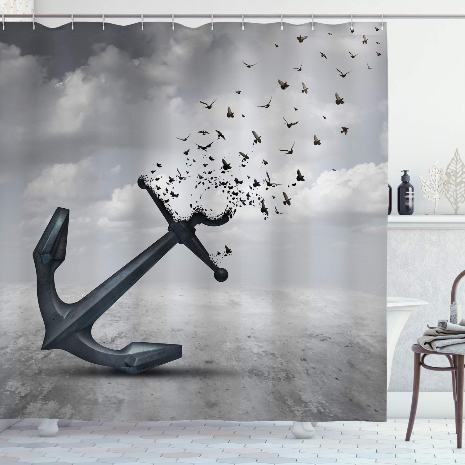 ABAKUHAUS Birds Shower Curtain, Anchor Turns into Group of Flying Birds Seagulls for Liberty and Hope Mood Graphic Art, Cloth Fabric Bathroom Decor Set with Hooks, 175 x 180 cm, Dark Grey