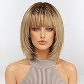 RSY Ombre Ash Blonde Bob Wigs for Women, Shoulder Length Human Hair Wig with Bangs