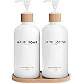 White Glass Soap and Lotion Dispenser Set with Tray by Brighter Barns - Hand Soap Dispenser Bathroom Set - Bamboo Bathroom Soap Dispenser Set - Minimalist Bathroom Accessories, Modern Home Decor