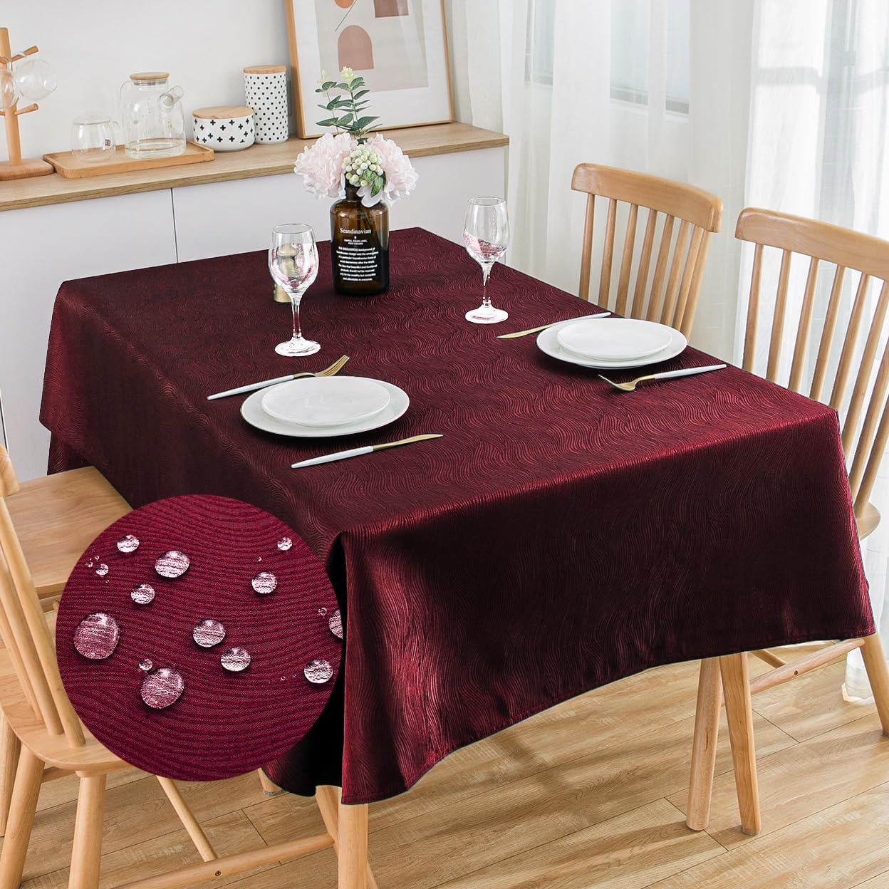 SPRICA Jacquard Tablecloth Water Resistance Solid Colour Heavy Weight Soft Table Cover, Machine Washable, Rectangle 300x150cm, Wine Red