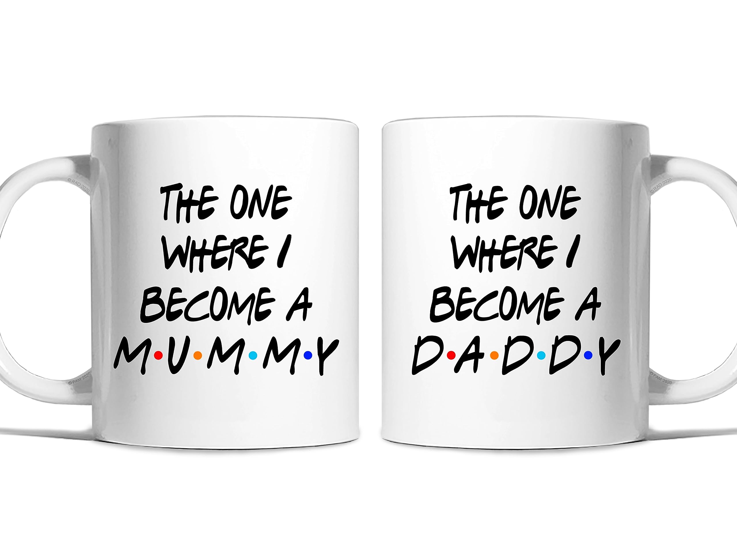 Risk-A Designs 'The One Where I Become a Mummy/Daddy' Customisable Listing Mug Set for New Expecting Parents (Mummy & Daddy Mug Set)