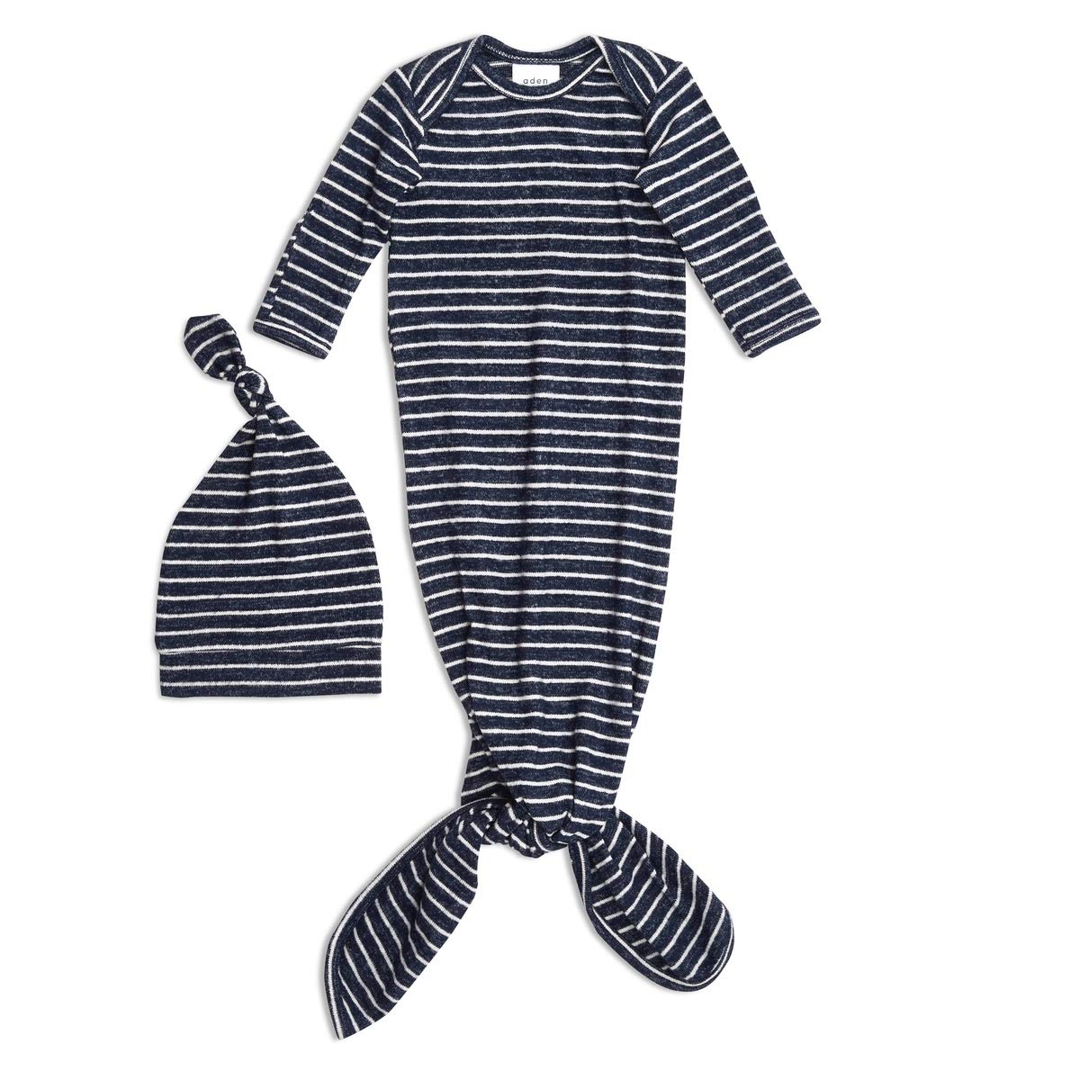 aden + anais Snuggle Knit Knotted Newborn Baby Gown and Hat Set, Super Soft and Stretchy, 0-3 Months, Navy Stripe