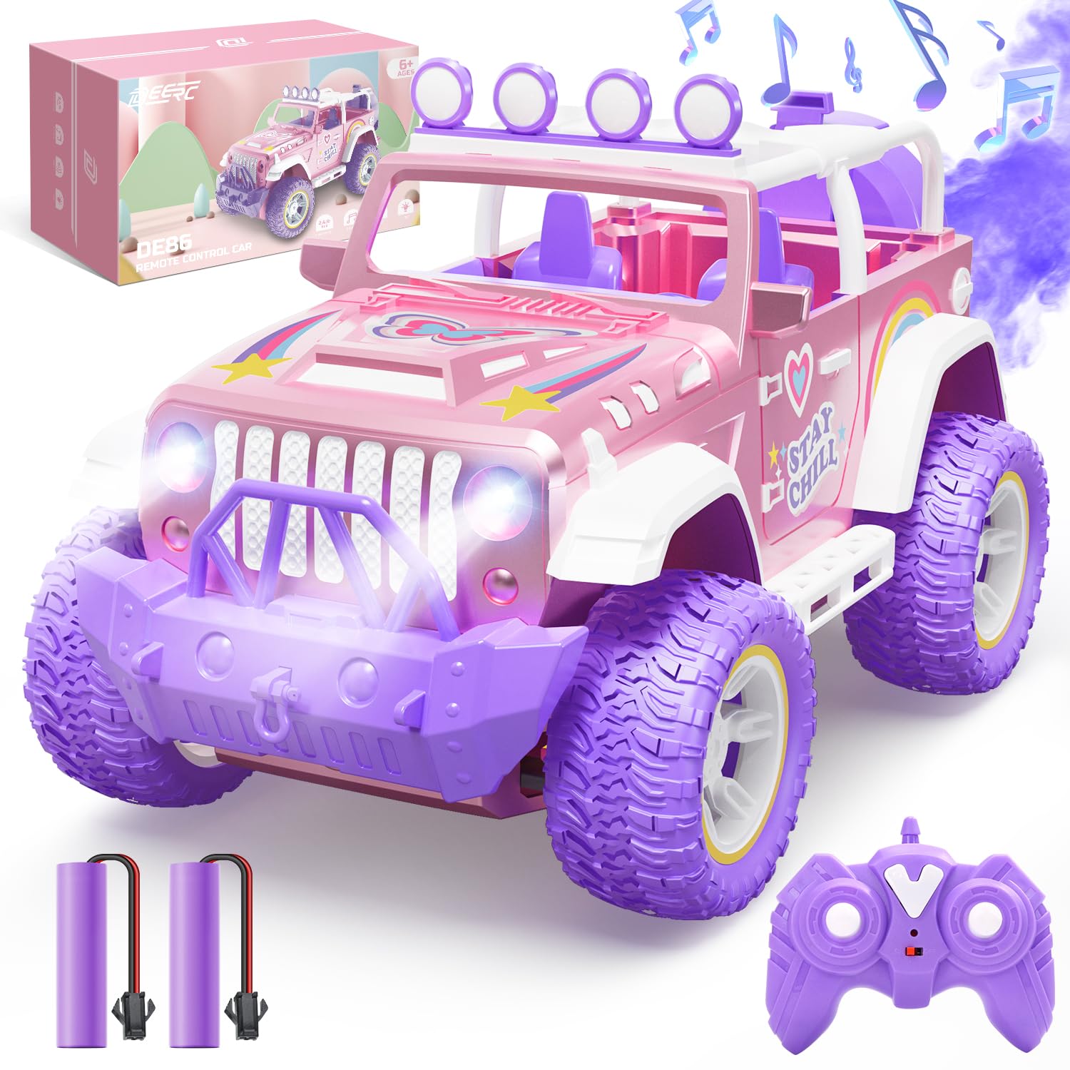 DEERC Pink Remote Control Car for Girls with Fog Mist & Music, 1:16 RC Car with LED Lights for Kids, 2.4Ghz All Terrain SUV Truck Gifts, Off-Road Racing Vehicle ToyCar, Girls Toys