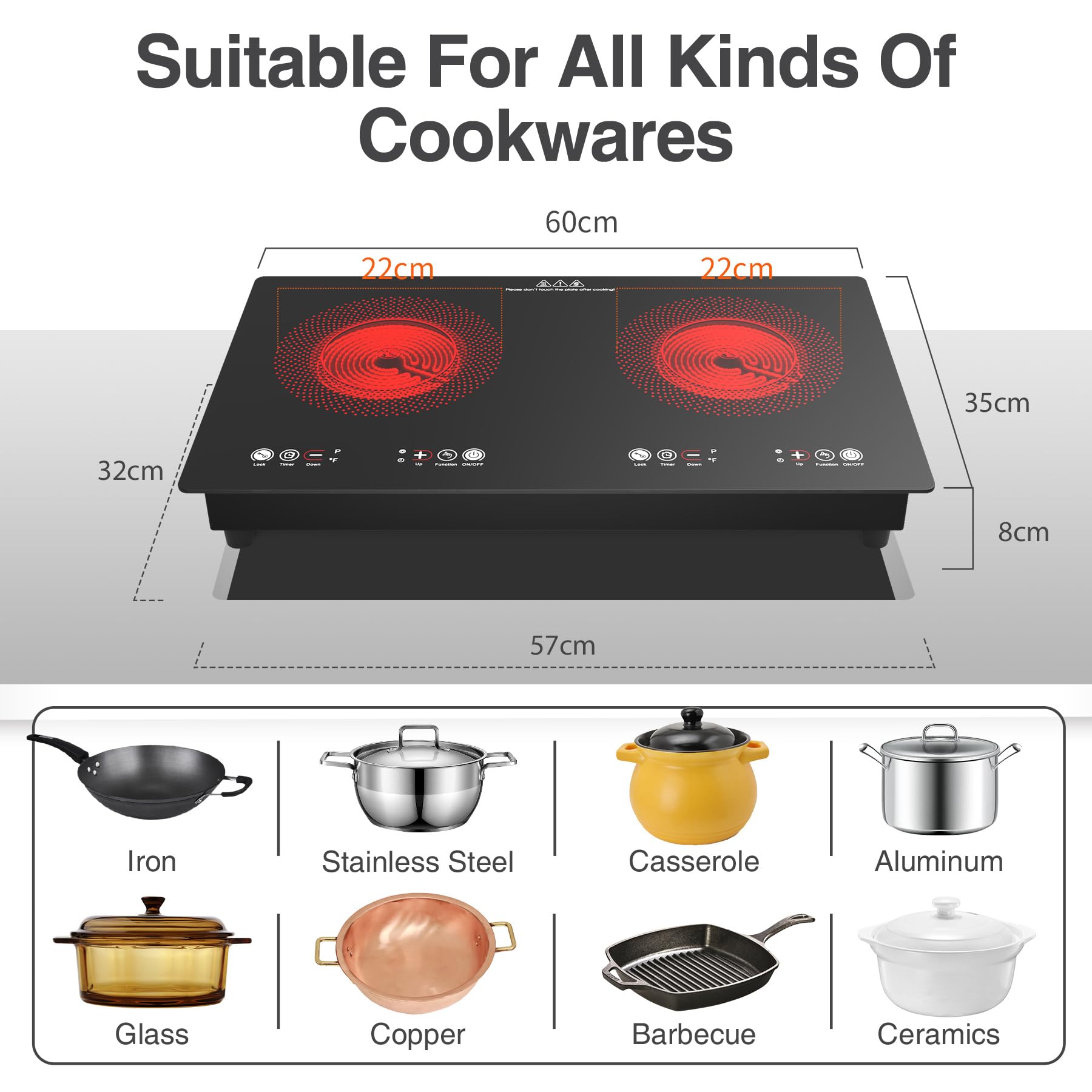 VBGK Electric cooktop,110V 24 inch 2 Burner Electric Cooktop,Built-in and Countertop Stove Top,2200W Stove,9 Power Levels, Kids Lock & Timer,LED touch control,Overheat Protection