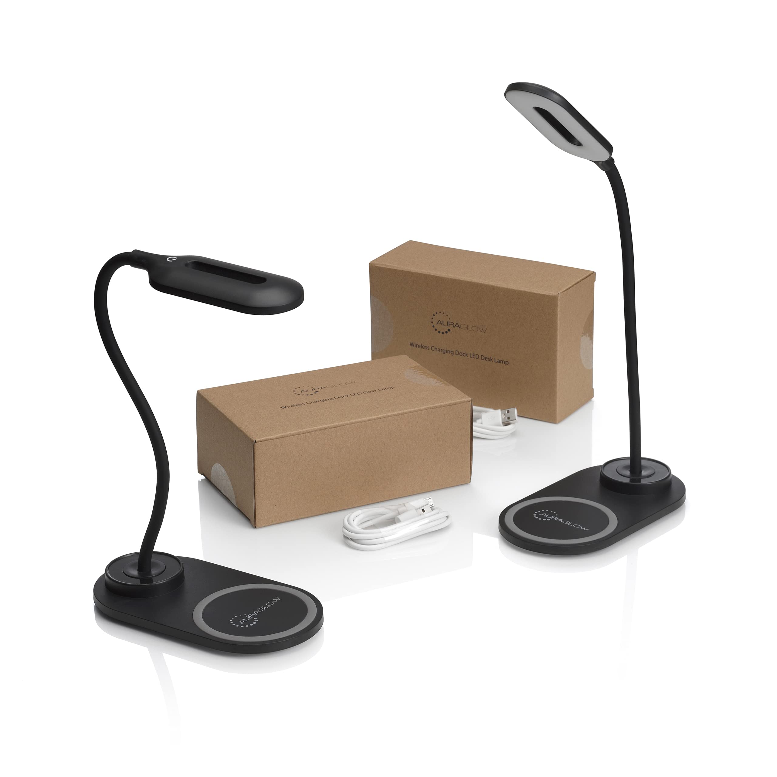 Auraglow LED Flexible Neck Desk Lamp with 3 Colour Modes and 10W Wireless Smart Phone Qi Fast Charger - Black - 2 Pack
