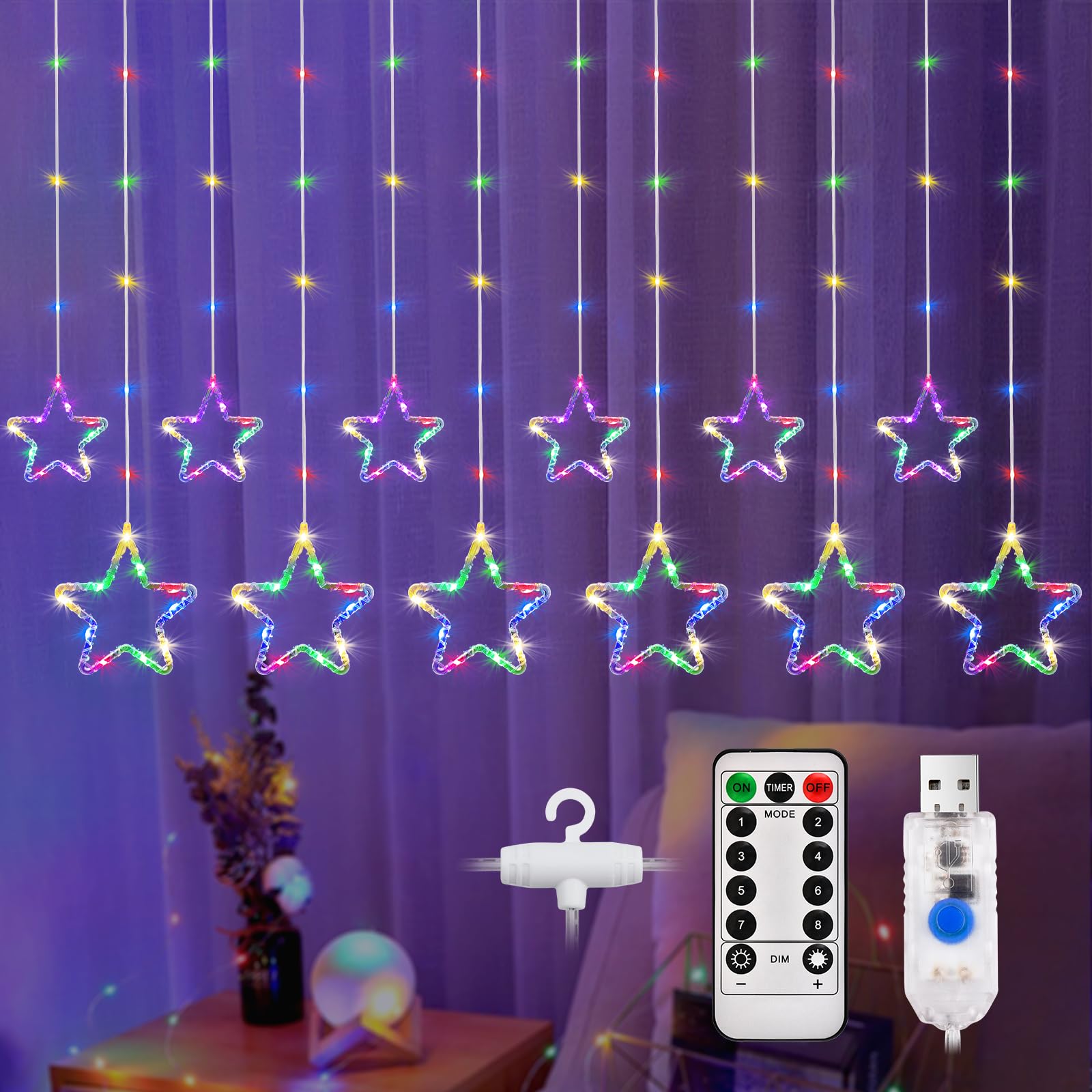 DazSpirit LED Curtain Star String Lights, 12 Stars 3.5m 144 LED Christmas Star Window Light, Remote 8 Modes, Waterproof, USB Powered, Timer, for Christmas, Bedroom, Party Decorations (Color)