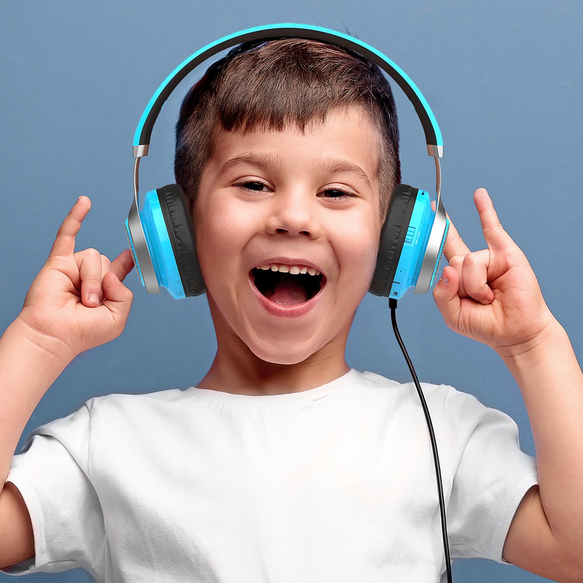 Excelvan Wireless Bluetooth Over Ear Headphones with Flashing Light for Kids Children Support FM Radio TF Card for iPhone 8 7 7plus ipad Tablet Samsung Android Phones (Blue)