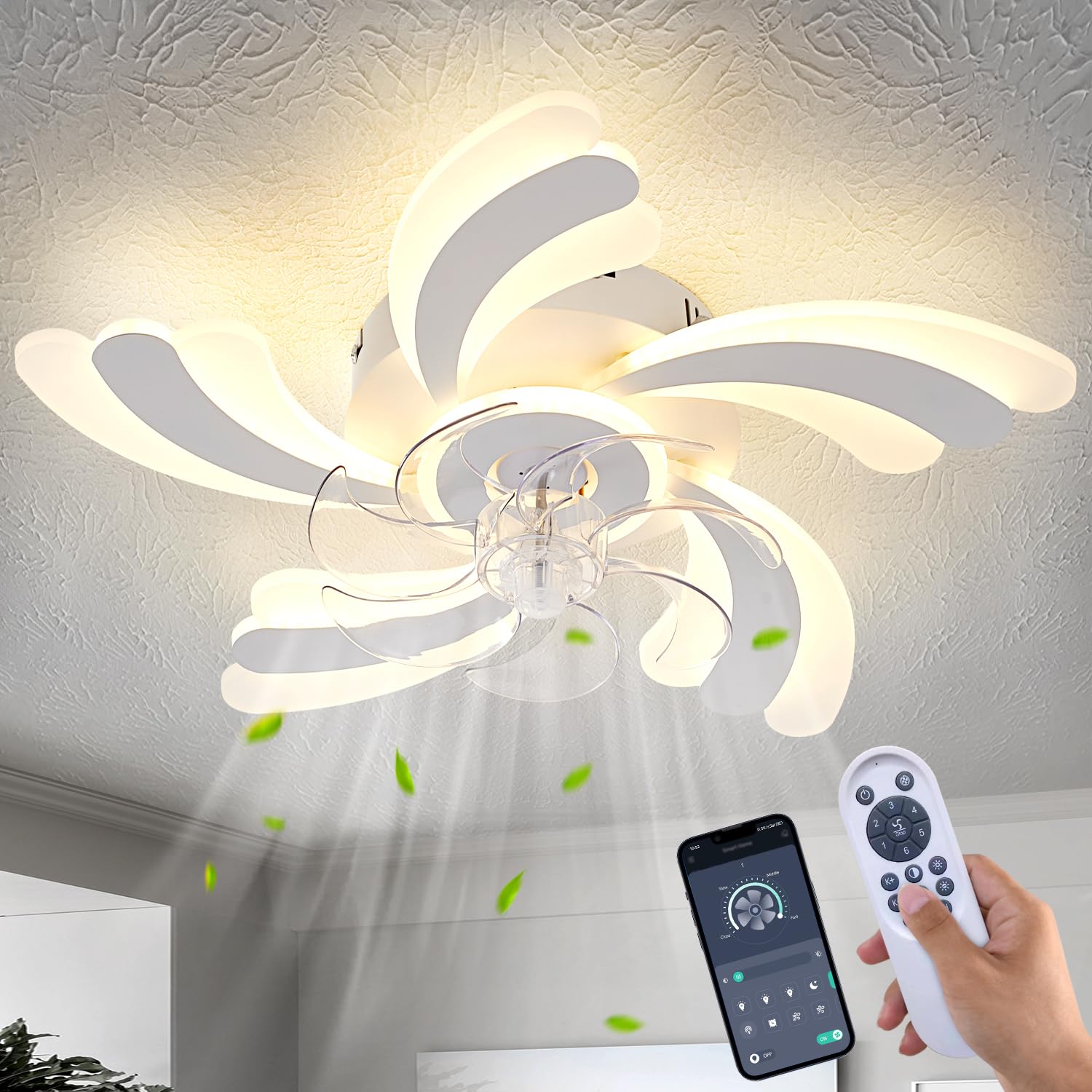 Photo 1 of Dalouguan Ceiling Fan with Lights Remote Control, White Flower Ceiling Fan with Light, 3 Light Color 6 Speeds Low Profile Flush Mount Ceiling Fan for Kitchen Bedroom Living Room