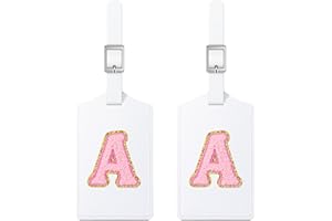 Sodsay 2 PCS Initial Luggage Tag, Luggage Tags for Suitcases Cute Embroidered Letter PU Leather Travel Bag Baggage Tags Privacy Cover ID Label for Women Kids Teens Men(A, White Leather+Pink Letter)