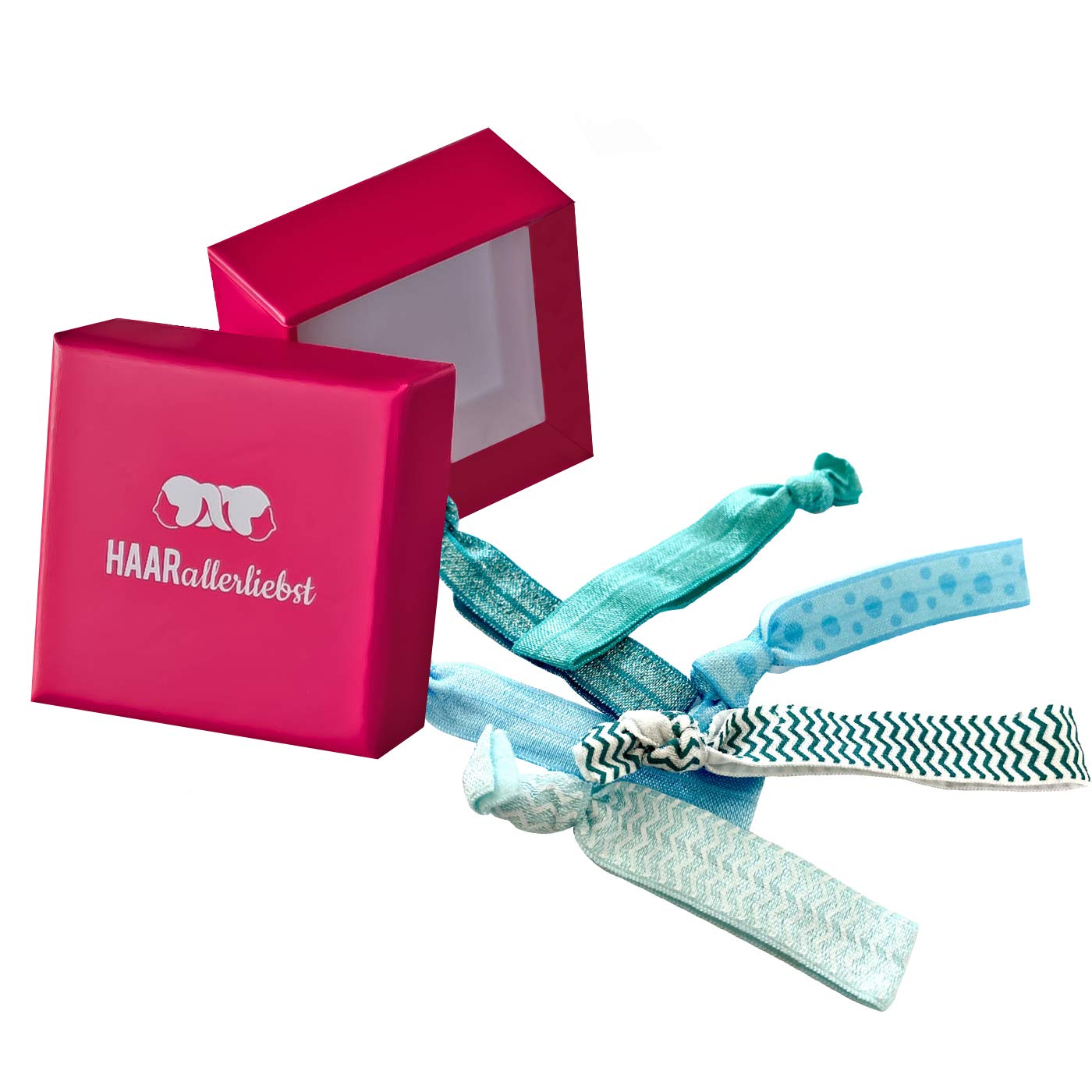 HAARallerliebst Elastic Hair Bobbles | Hair Friendly Bracelets | Wide Hair Bands (Pack of 6) | Quality Hair Accessories - Includes Box for Storage (Pink - Turquoise Blue)